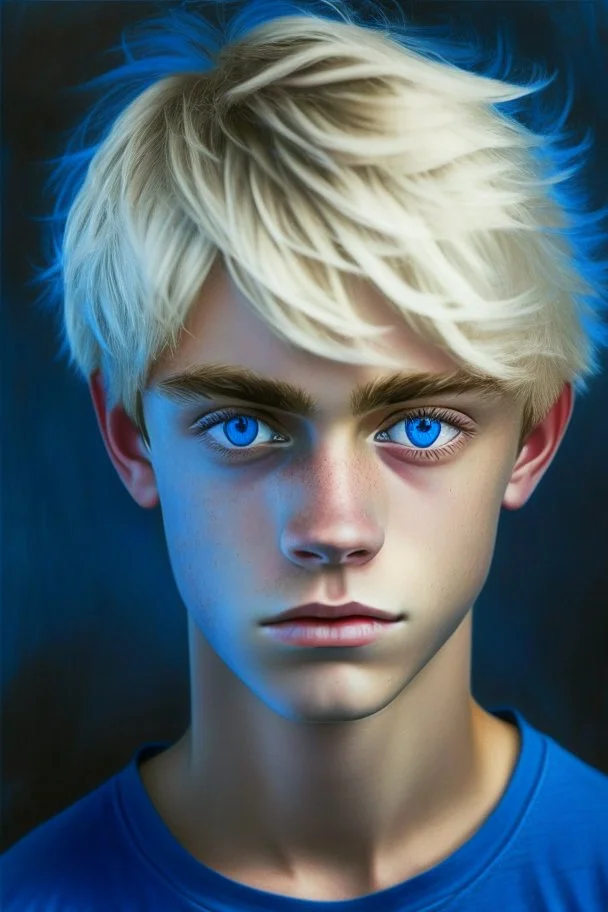 a portrait of teenage boy in blue tee-shirt blue eyes blonde black hair