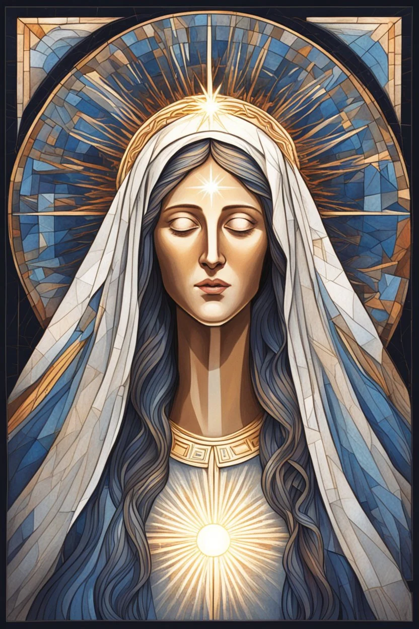 A stylized portrait drawing of colored tiles of Mary the mother of Jesus with long hair, wearing a white veil and surrounded by a geometric halo of rays of light against a dark background