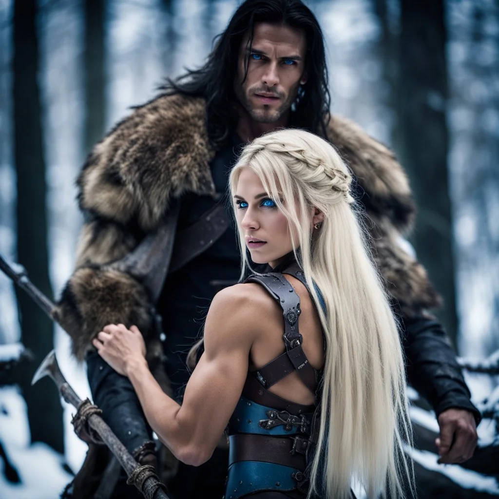 muscular male mountain man with long dark hair with a petit female long blonde hair and blue eyes, dark fantasy, snowy forest