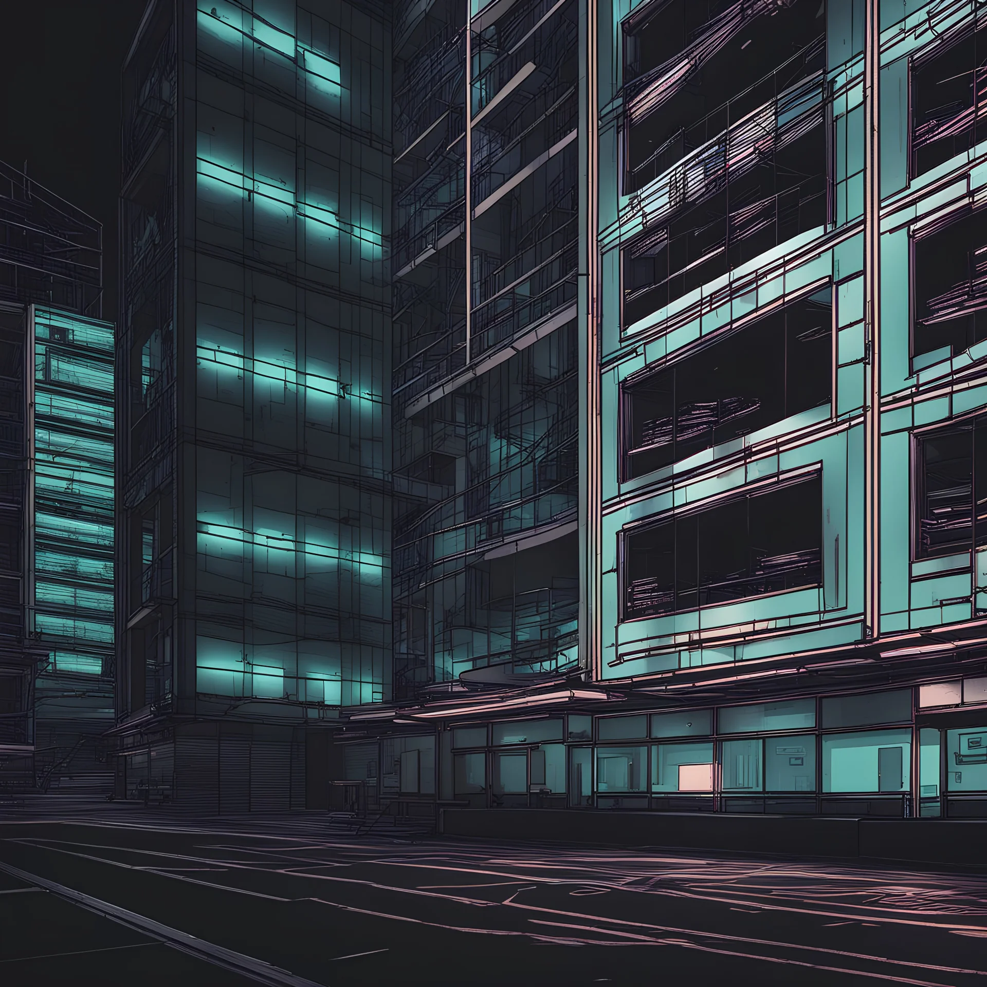 straight orthographic view of the flat side of a cyberpunk office building at night photographic