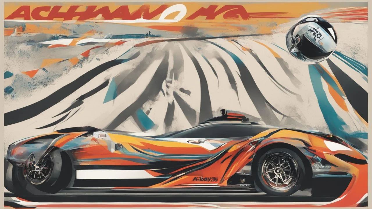 "I'm looking for a visually striking poster for the 'Achayo Motorsport Extravaganza.' The main focus should be a high-performance race car prominently featuring the 'Achayo' logo. The color palette should be vibrant and energetic, with dynamic elements like racing tracks or speed lines to convey motion. Include cheering crowds or spectators in the background to amplify the excitement. Use bold typography for the event name and incorporate checkered flags, racing helmets, and other motorsport-rel