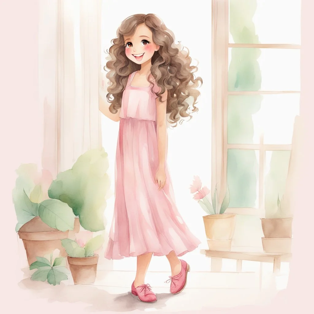 watercolor, full body, different poses, cute smile girl, curly hair, big eyes, long brown hair, pink dress, pink shoes, white backgrownd