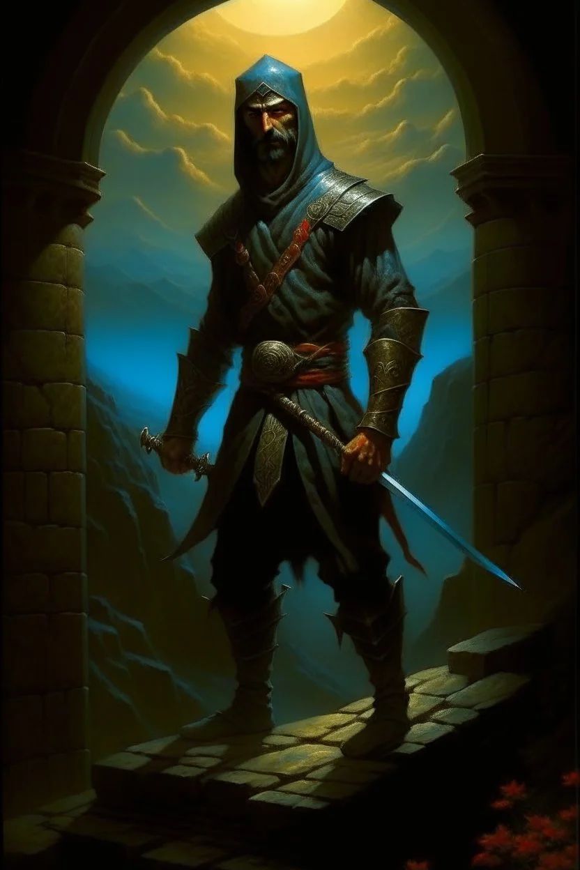 1970's dark medieval fantasy cover dnd style oil painting of ninja obama with minimalist far perspective.