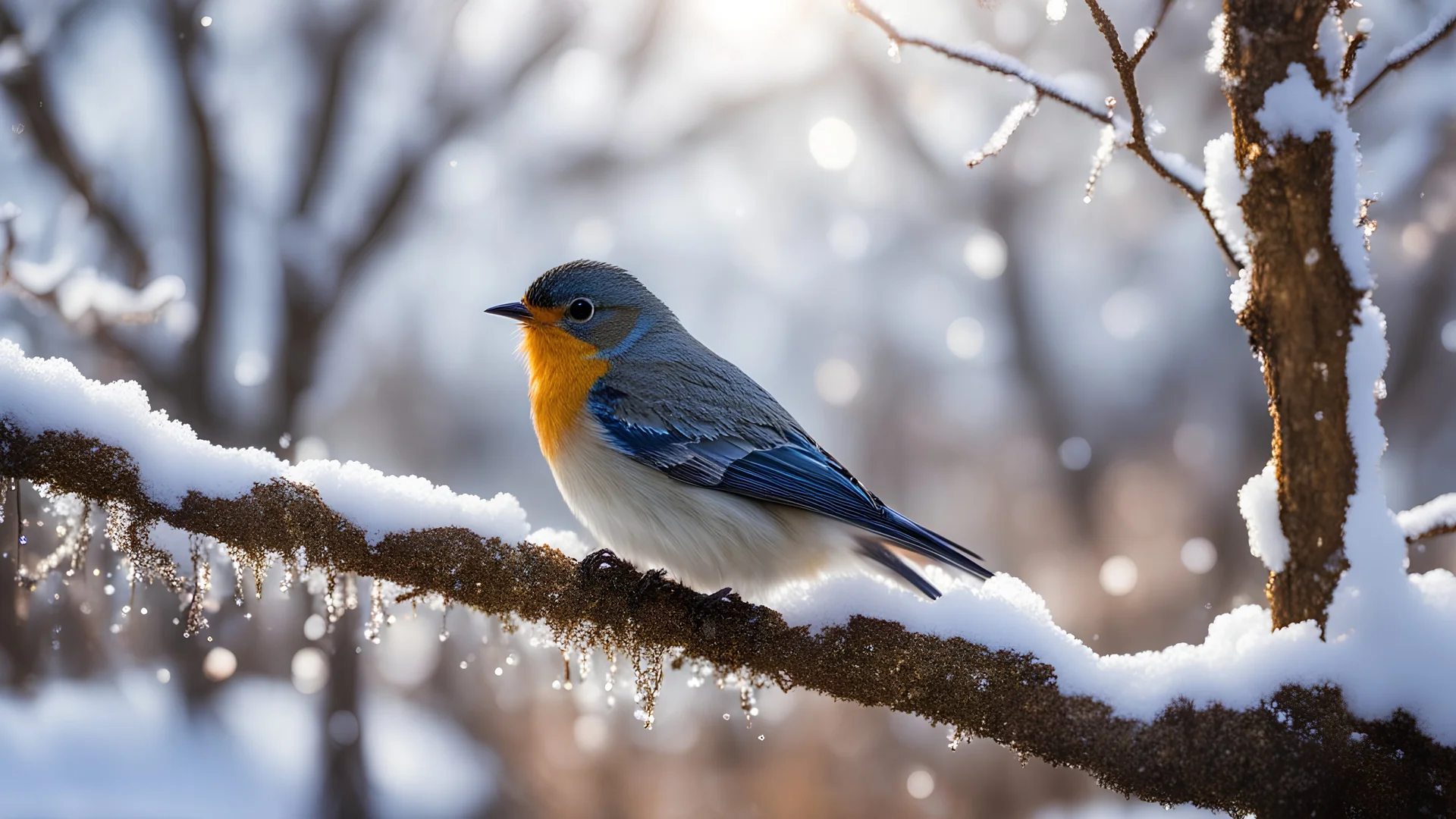 A little bird with a glitter fur sitting on tree with Snow in the backround looking at his Friends with Diamond eyes an glitter legs