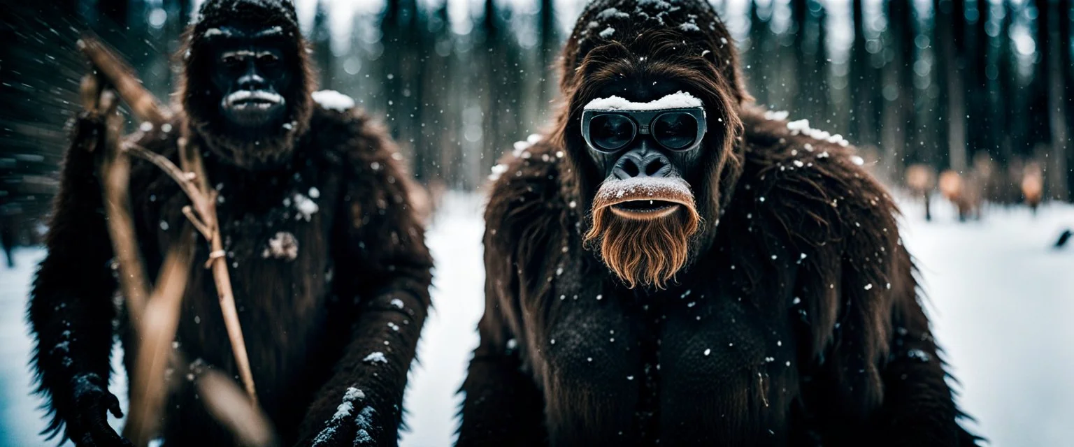 close up documentary photography, hominid, sasquatch, bigfoot, Real Yeti, National Geographic, weird, Dystopian, Japanese, Extreme depth of field, bokeh blur, winter, blizzard, Alberta, all-natural, in the style of candid, imperfection, natural lighting, Professional shot, shot on Agfa, Fuji Film, Anamorphic lens, 1980s, --ar 4:5 --w 150 --style raw