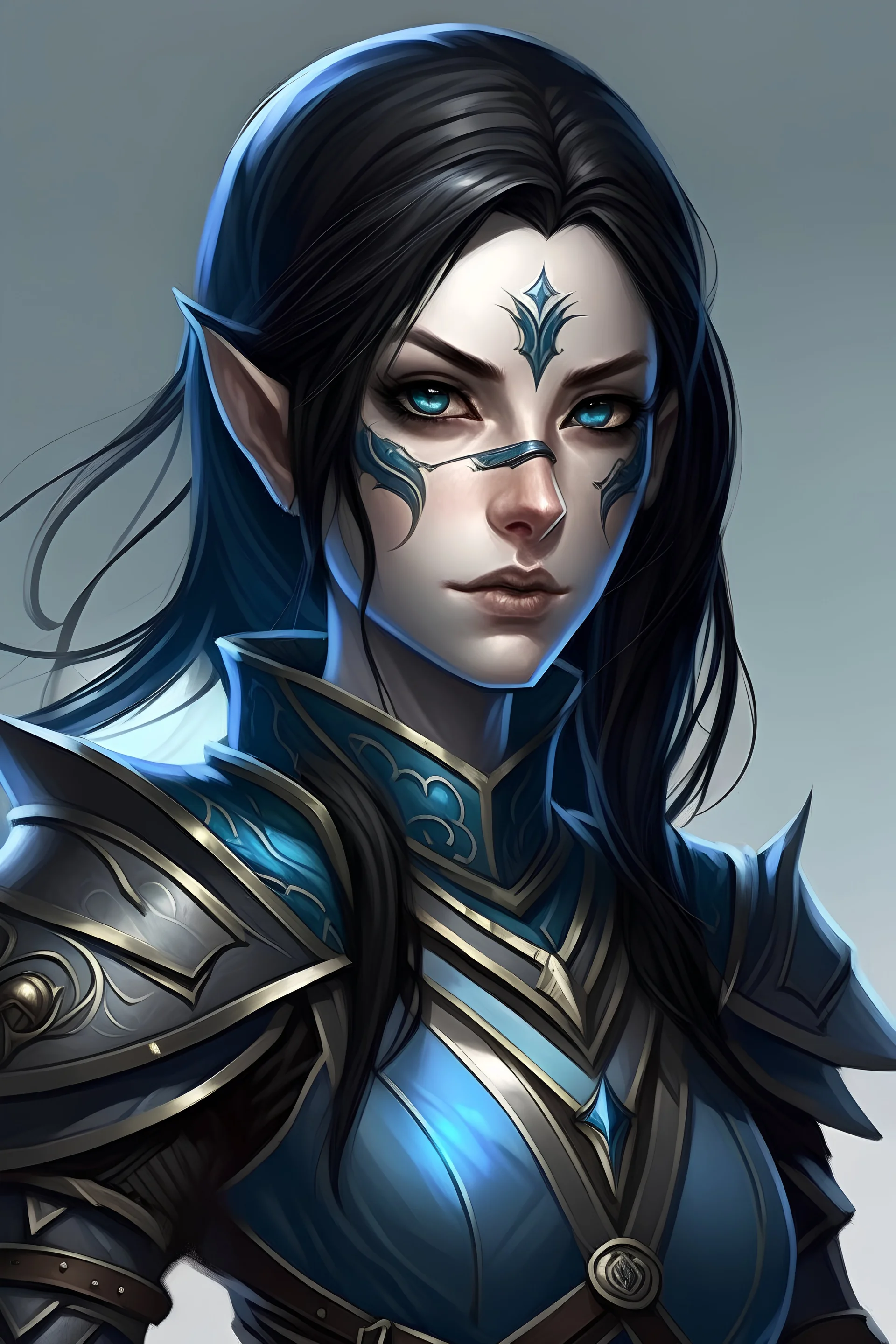 female elf knight with black hair, blue ...