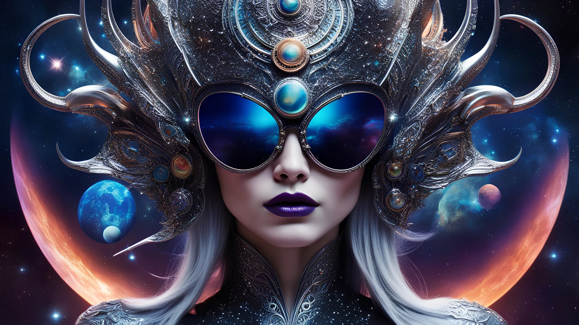 A captivating and vibrant image of an extraterrestrial being, perfectly suited for a futuristic cover. The alien sports a stunning metal headdress, with intricate designs that perfectly match his elegant silver face. Her retro-style oversized sunglasses are adorned with miniature stars and planets, accentuating her otherworldly charm. Against a dark cosmic void, the background displays a fascinating dance of vivid colors, evoking a sense of movement and cosmic energy. Full body