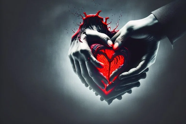 A black hand violently gripping a human heart inside an open human chest, squeezing all blood out of it, foggy, surreal