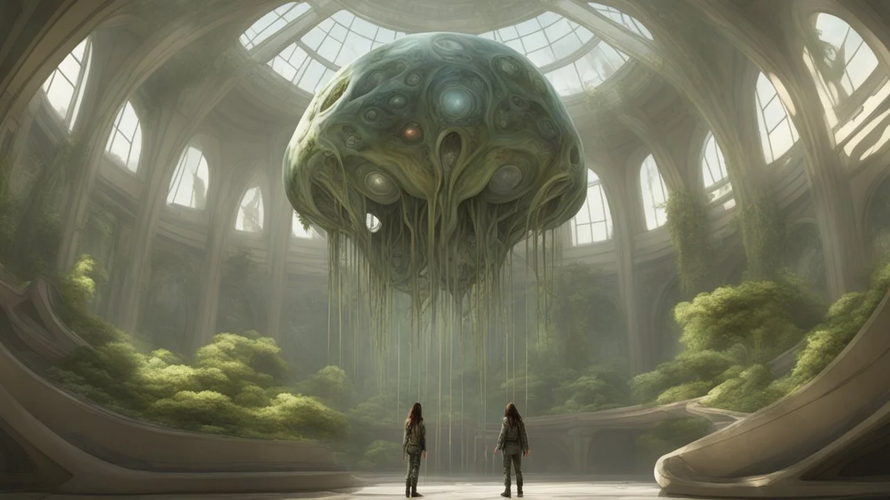 floating alien jellyfish, rampant foliage, and vines, inside a huge vaulted alien building, with circular windows, woman with black hair in a ponytail, in camouflage trousers and jacket, photorealistic, Intricate Detail, sunny day