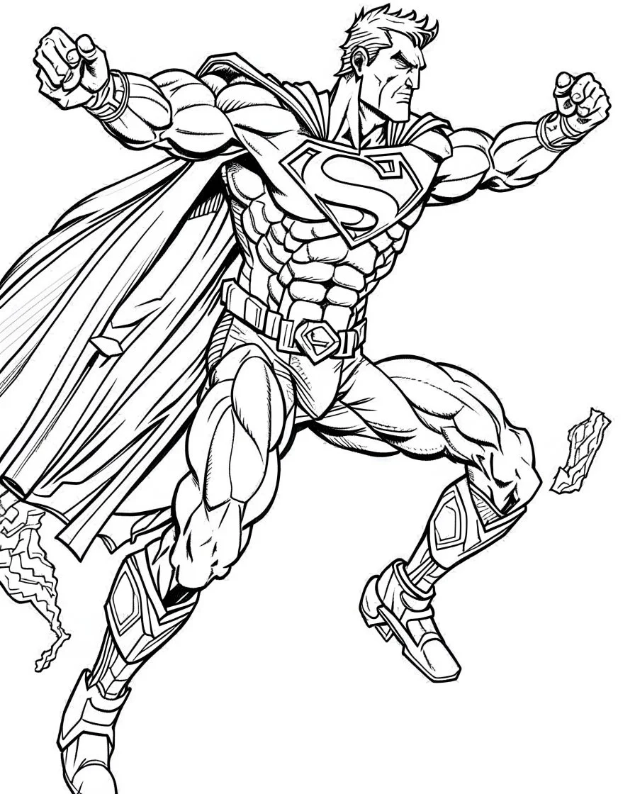 real massive Superman fly, coloring page, no leaves, full body (((((white background))))), only use an outline., real style, line art, white color, clean line art, white background, Sketch style