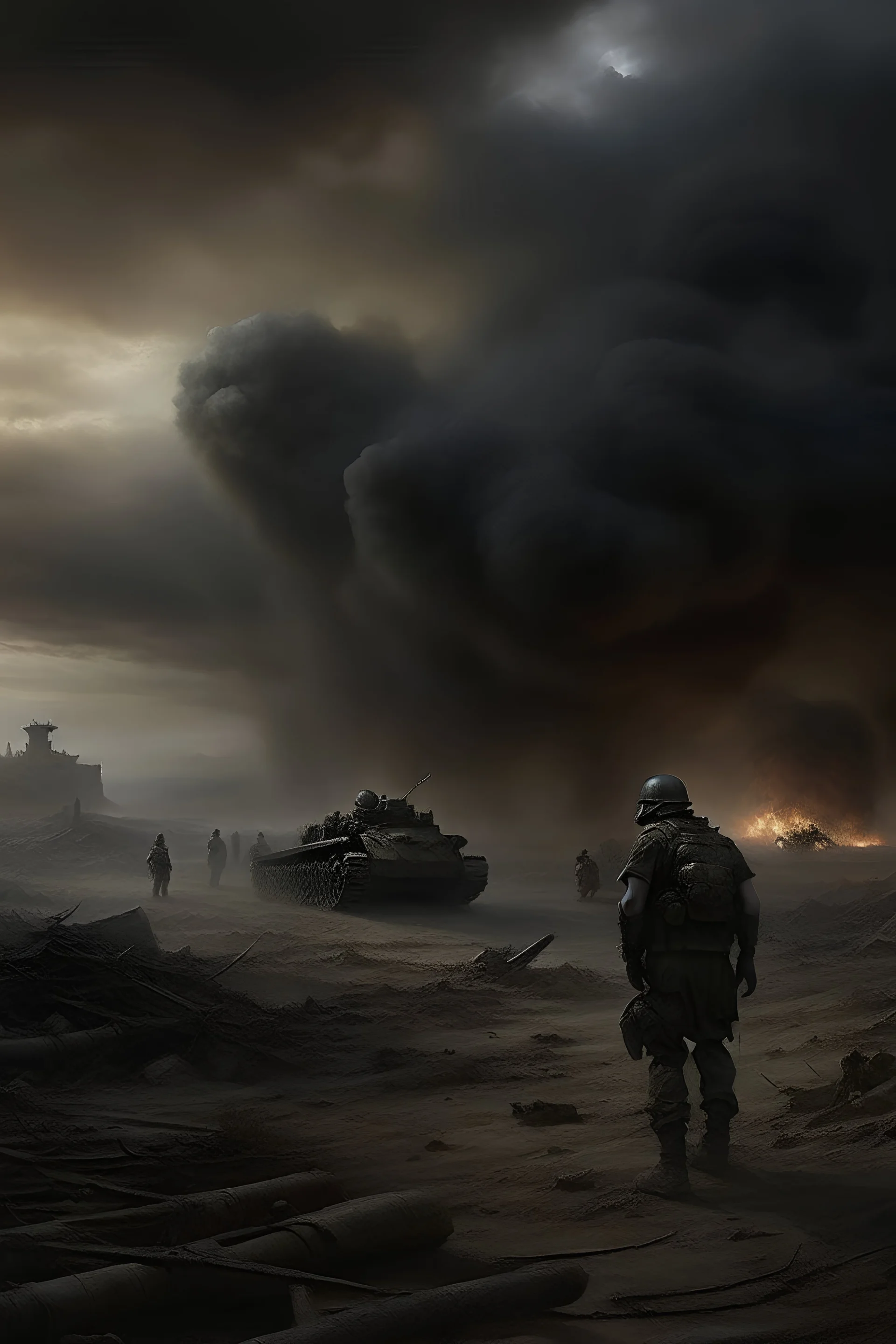 "Create a hyper-realistic painting that captures the grim essence of war's tragedy: In a moonlit, desolate battlefield, shattered tanks and twisted artillery lay amid the smoke and ruins. Soldiers, weary and haunted, stand in the foreground, their faces a blend of fear, despair, and determination. The backdrop shows a surreal sky where fiery clouds and spectral figures merge, symbolizing the surreal horrors of conflict."