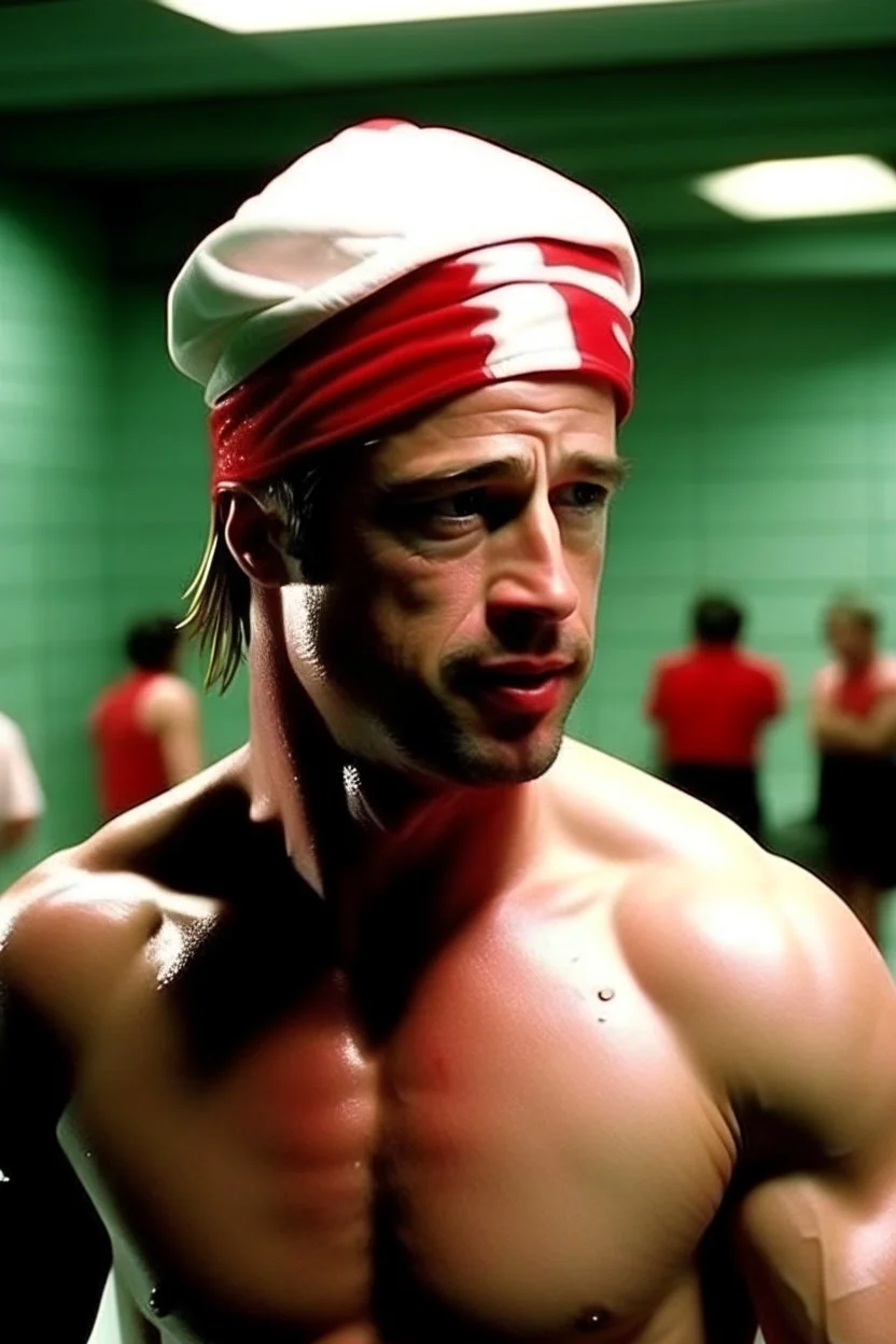 brad pitt from fight club wearing swimming trunks and a bathing cap