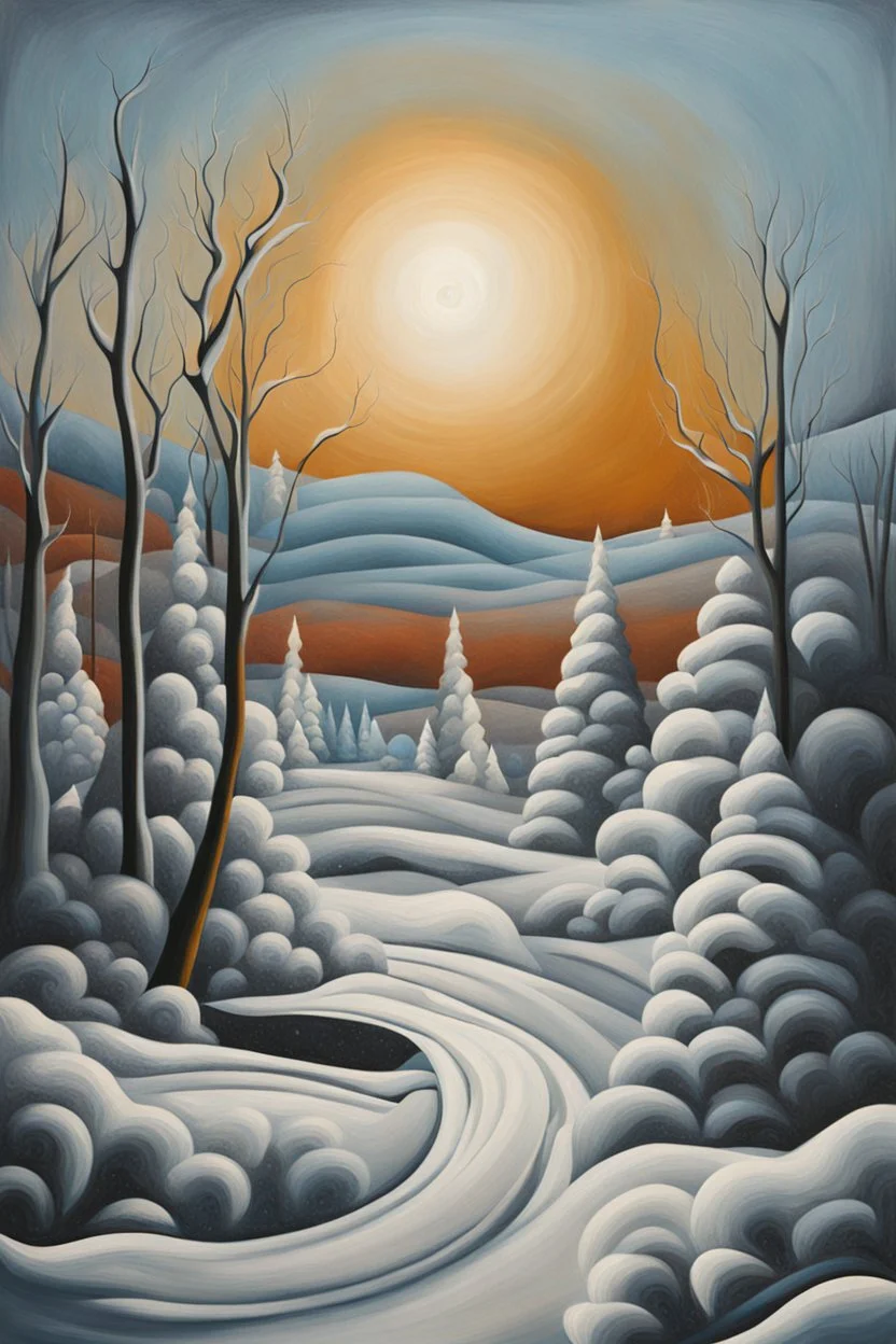 An abstract, weird, surrealism painting of winter