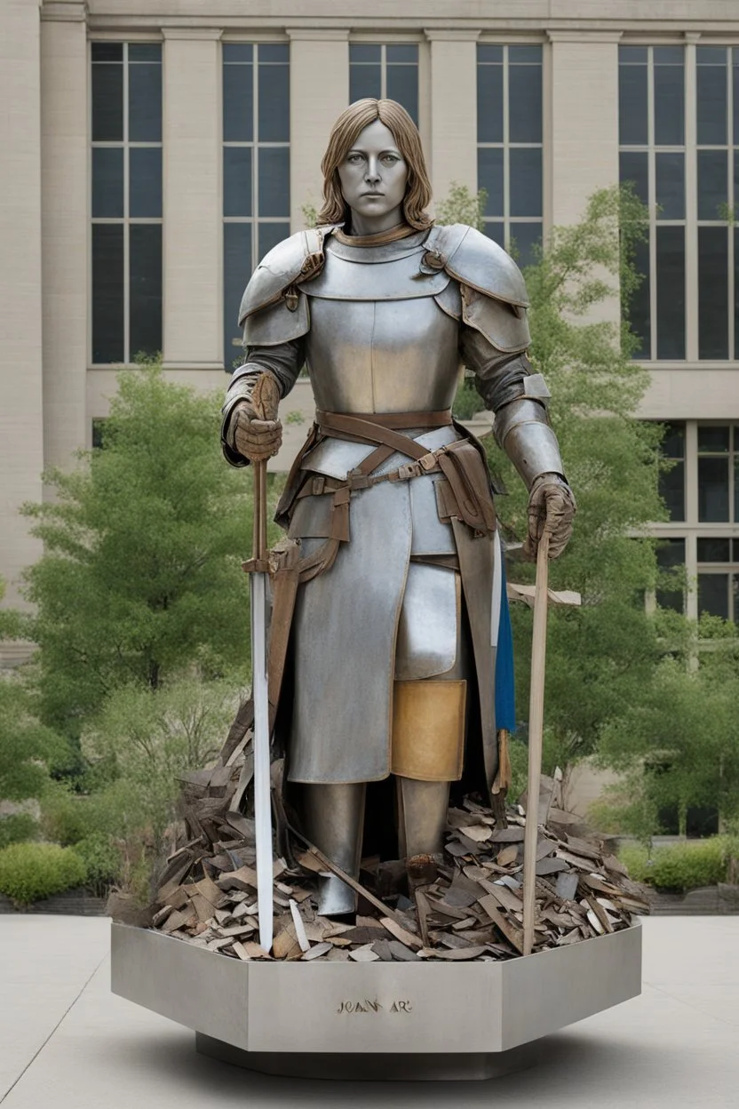 Portrait Art **Featured Art:** Sculptural Tribute: Craft a larger-than-life sculpture of Joan of Arc using recycled materials or sustainable resources, highlighting the importance of environmental stewardship in the pursuit of justice. The sculpture could be placed in a public space, serving as a reminder of the ongoing struggle for universal rights and the power of individual agency. **Appearance:** portrait of Joan of Arc (a French women patron saint of France, honored as a defender of the Fre