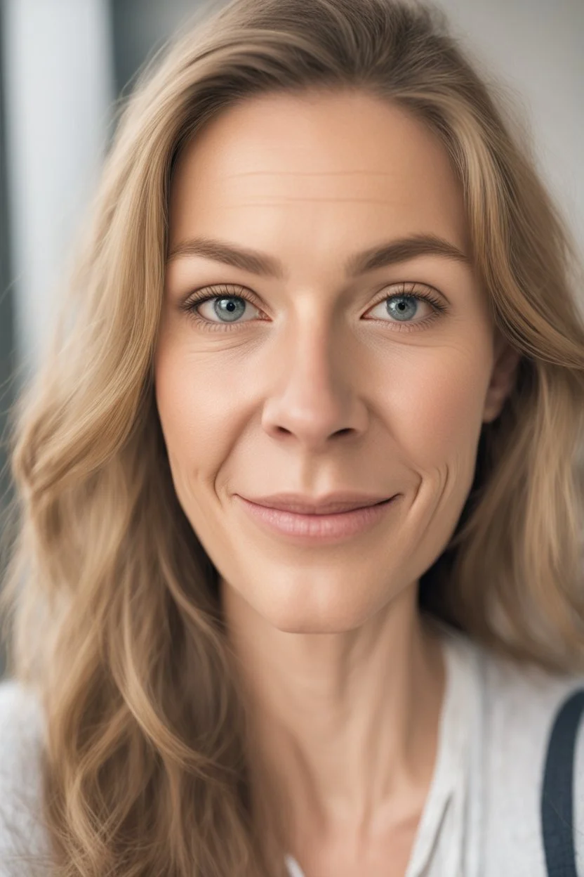 A selfie of a woman, middle blond hair, showing a 39-year-old European woman. She has brown hair, face without makeup, cute nose, detailed full lips, skin texture. Natural lighting and low contrast. Face framed.