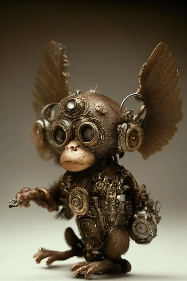 small cute steampunk mechanical monkey, made of metal with mechanical wings