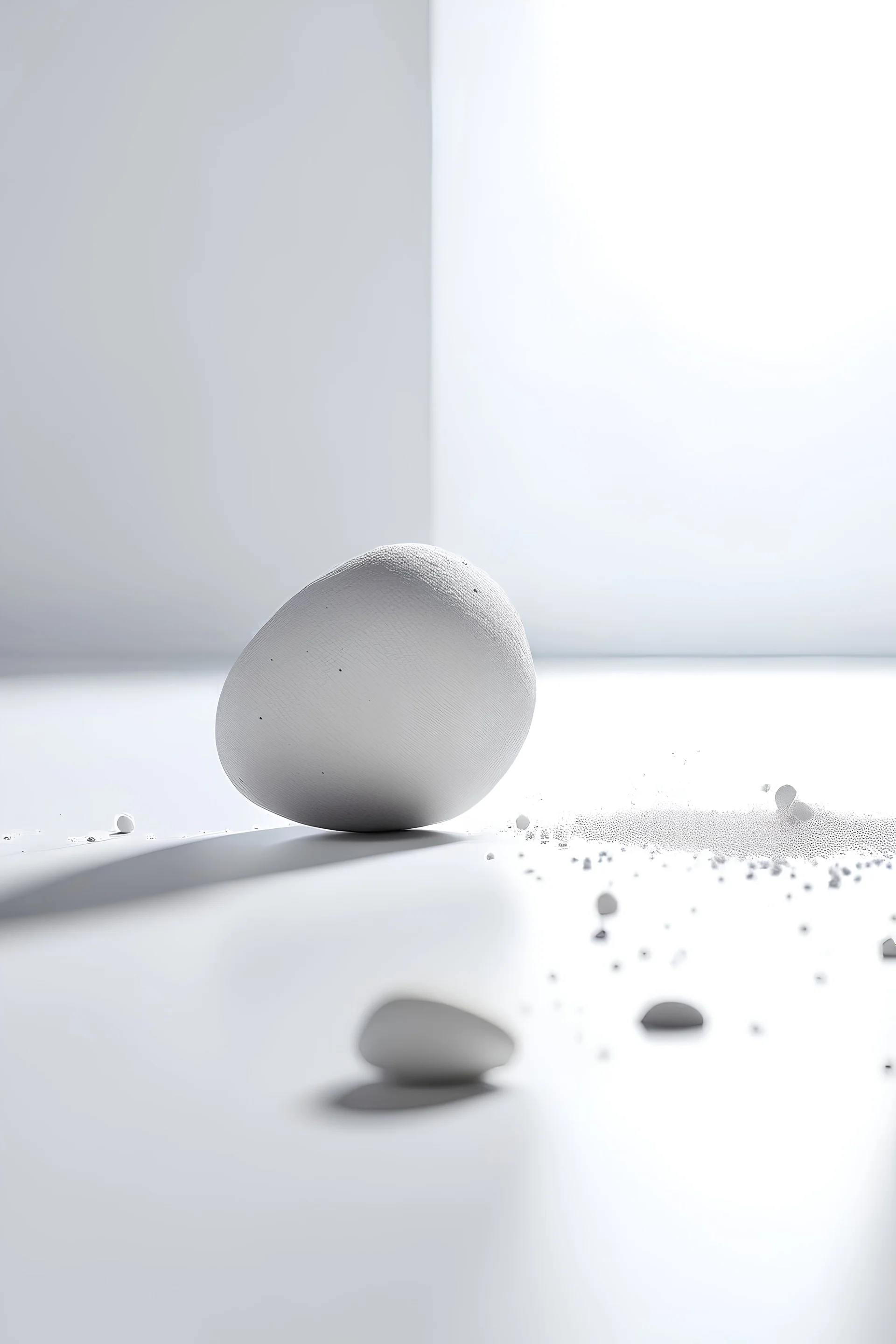 plain white floor, plain white background, one large gray stone in the foreground, small sparkles falling from above in the background