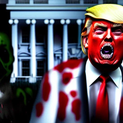 Ultra realistic image night, Donald trump zombie, suit, blood, torn arm, night, the walking dead style, dark ambient, highly detailed, White House background, concept art, unreal engine 5, ray tracing, RTX, ultra detail, volumetric lighting, high definition, high resolution.