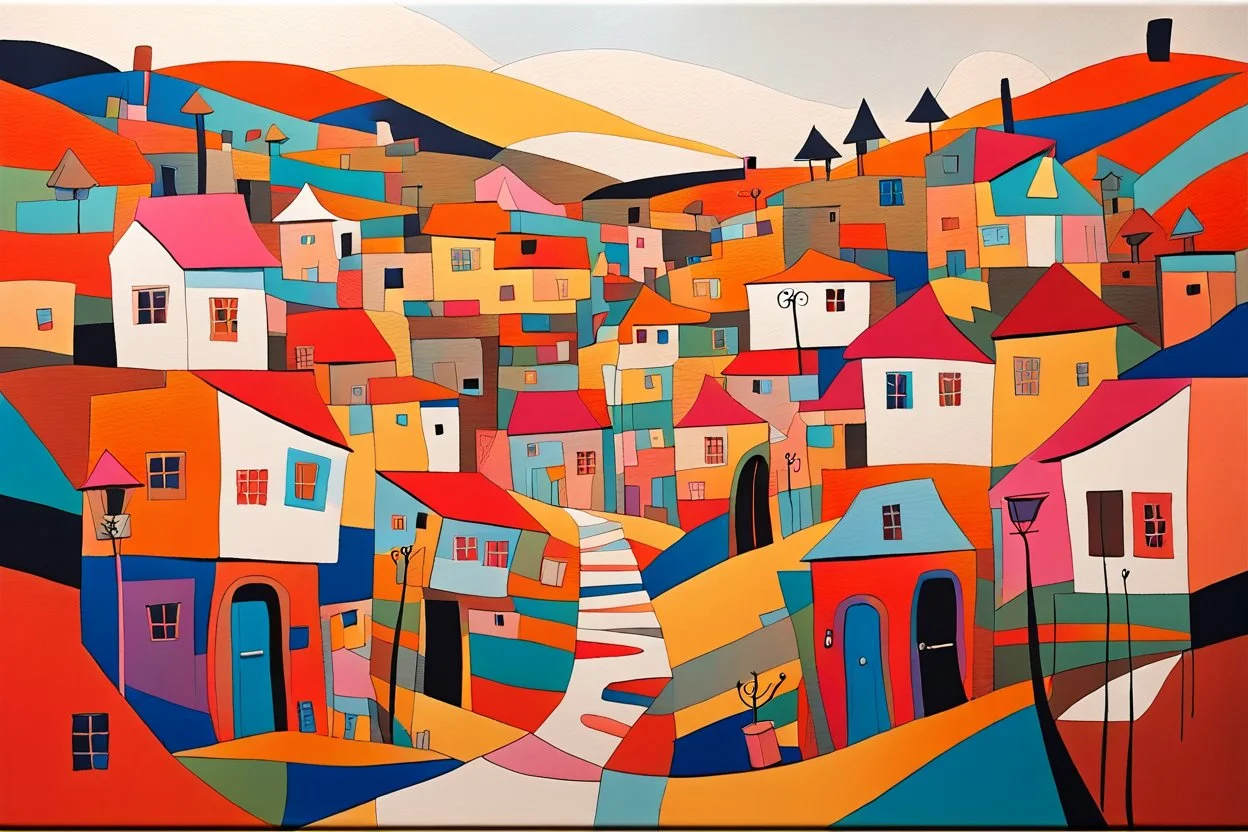 whimsical arafed nonsense, patchwork vibe, acrylic and ink painting of a cozy village main street on undulating hills with color (((minimal))) sketches of village people with (((extremely long limbs))), (((oversize head))), sharp color contrasts, amazing shadows, (((exaggerated limbs and head))), minimal cozy, warm palette, bright bold warm summer colors, color leak, sparse bright orange-red splinters, heavily distorted views, amazing parallels, amazing reflections
