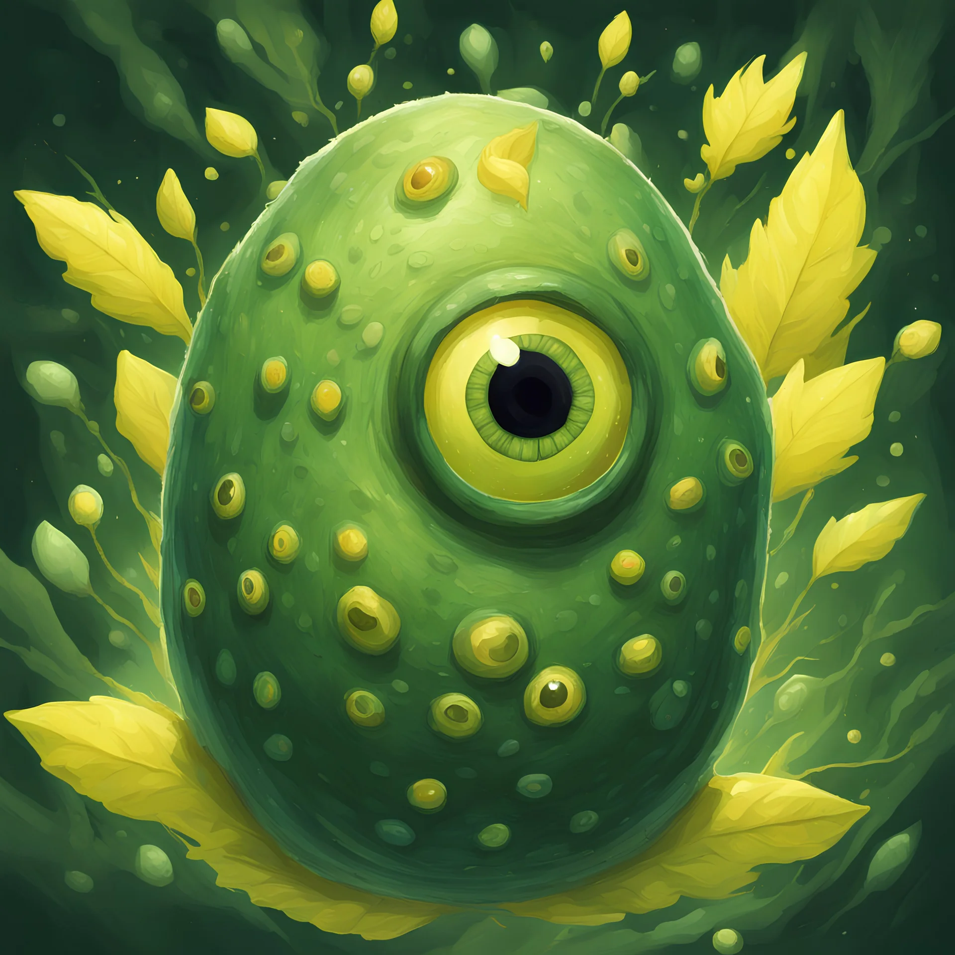 A green cocoon with eyes that is surrounded by yellow stun spores, in card art style