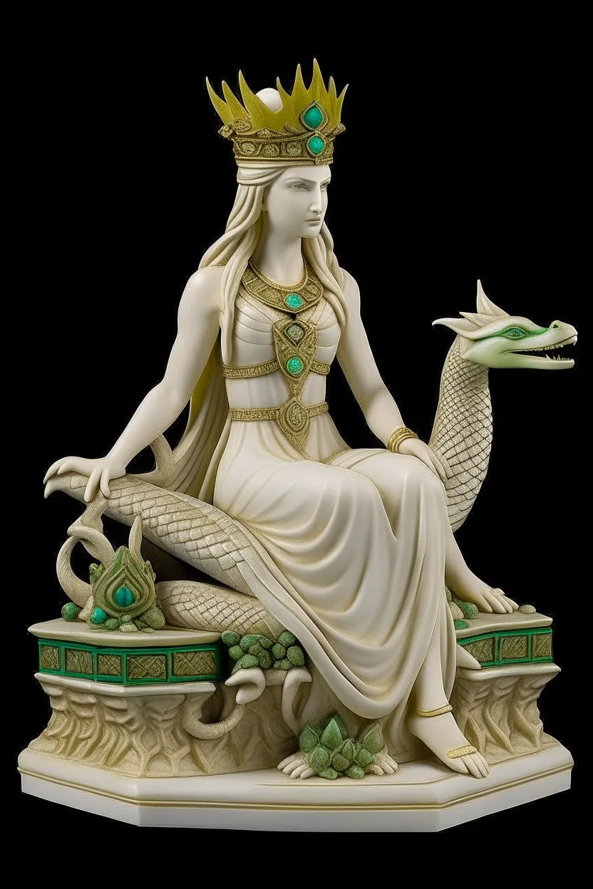 A young Egyptian goddess with blonde hair and green eyes, wearing a white linen dress and a lotus flower crown. She is sitting on a throne made of alabaster, carved with the head of a benevolent dragon