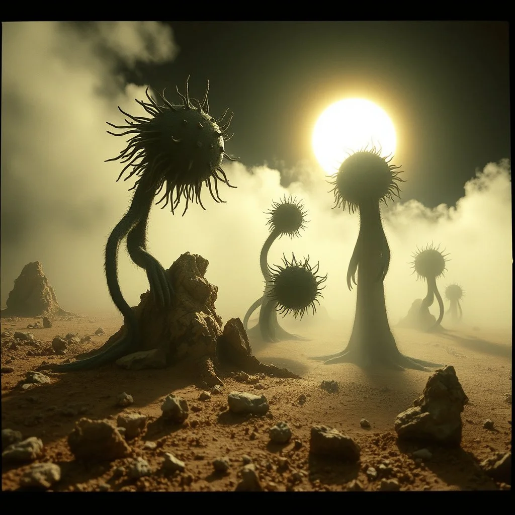 A striking quality Kodak photograph captures a wasteland with monsters and group of plants, creepy, details of the dust very accentuated, glossy organic mass, adorned with minerals and rocks. Bathed in intense light, eerie, Max Ernst style, black sun, fog