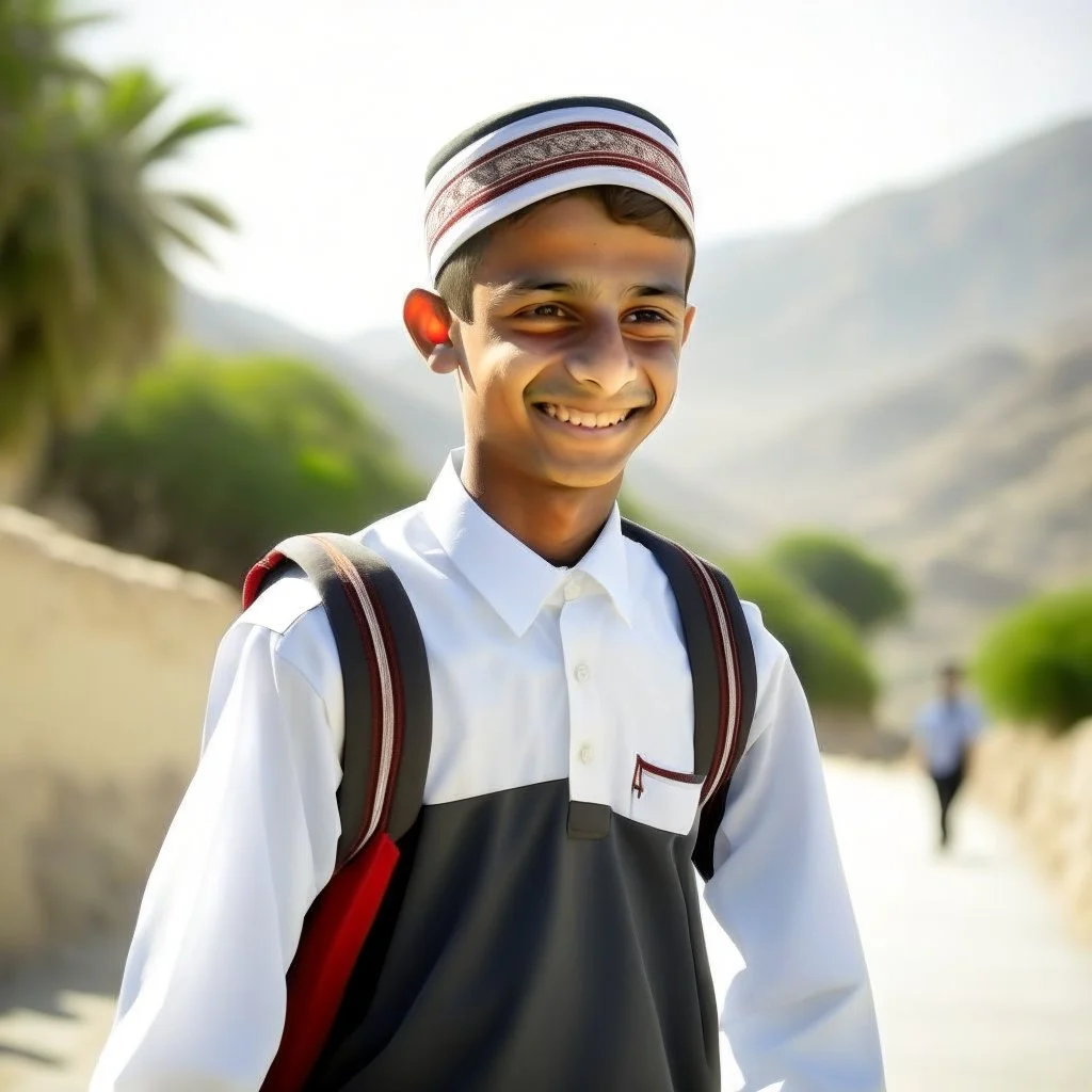 School student, school uniform, Omani, smiling slightly, from behind, school, students, morning, sun