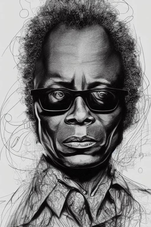 Miles Davis portrait, 8k resolution, detailed skin, detailed hair, r_drawings_rene, scribble, scribble drawing, scribble art, deviantart, rdrawings25