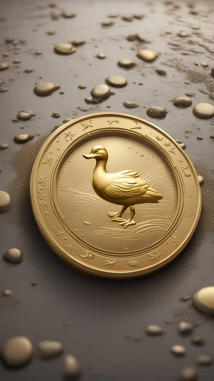 a smooth 3d game graphics circular shaped golden duck coin with a full body relief in misty mud