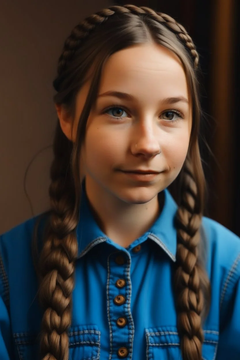 A girl with brown hair in two braids with brown eyes and a blue jumpsuit with a white shirt underneath