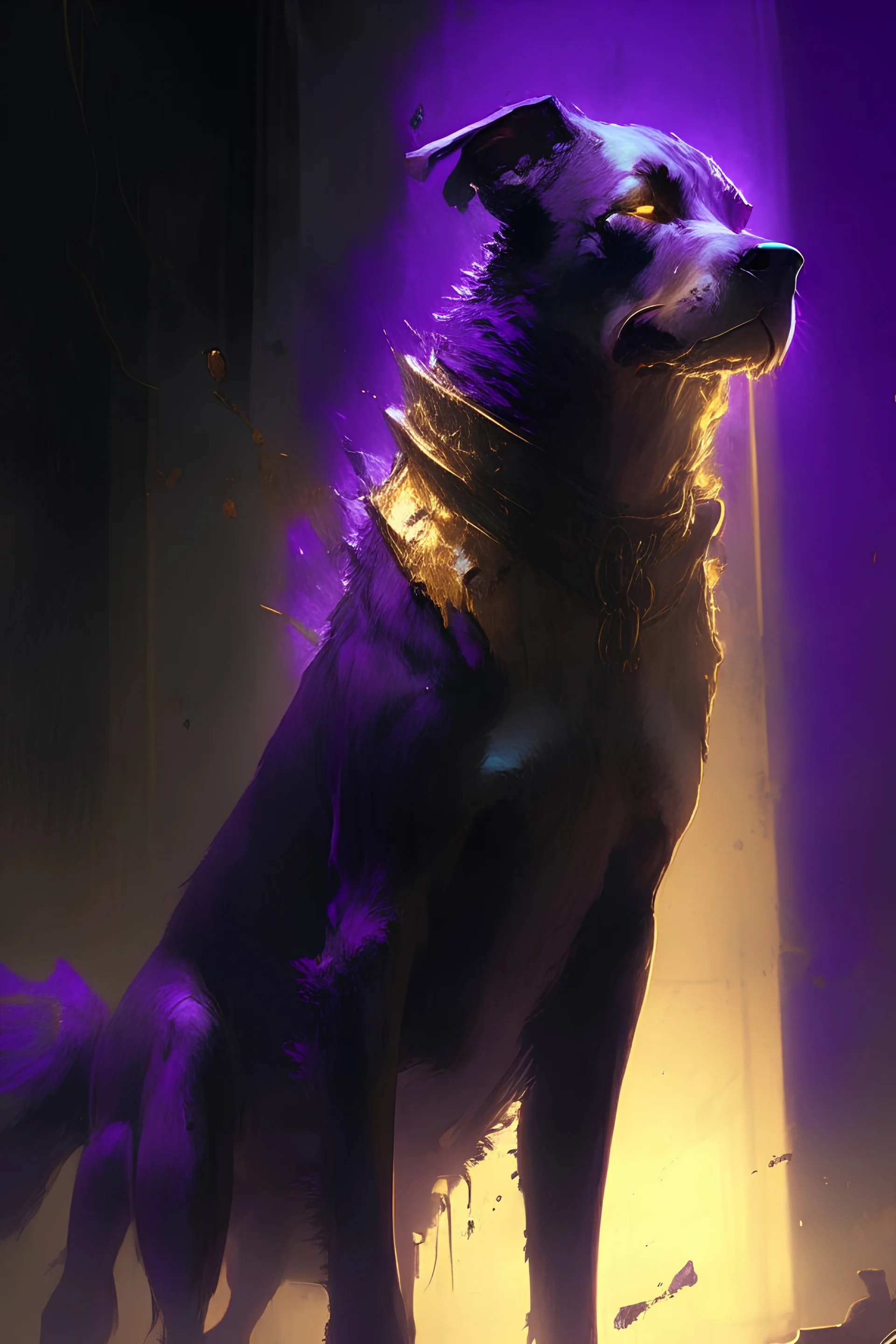 a dog masterpiece, HD resolution, dark fantasy concept art, by Greg Rutkowski, dynamic lighting, hyperdetailed, intricately detailed, Splash screen art, trending on Artstation, deep color, Unreal Engine, volumetric lighting, purple and yellow complementary colours