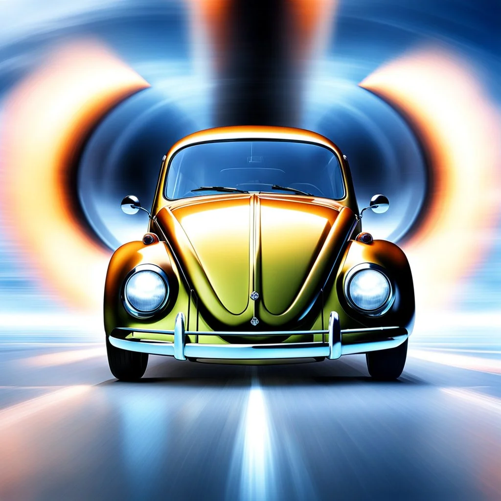 a high definition screen shot of a jet-fighter vw-beetle, retrofuturistic, phototrealism, in flight, one subject, should have wings with atleast one exposed jet on each wint or one coming throught thr front and center of the vehicle.