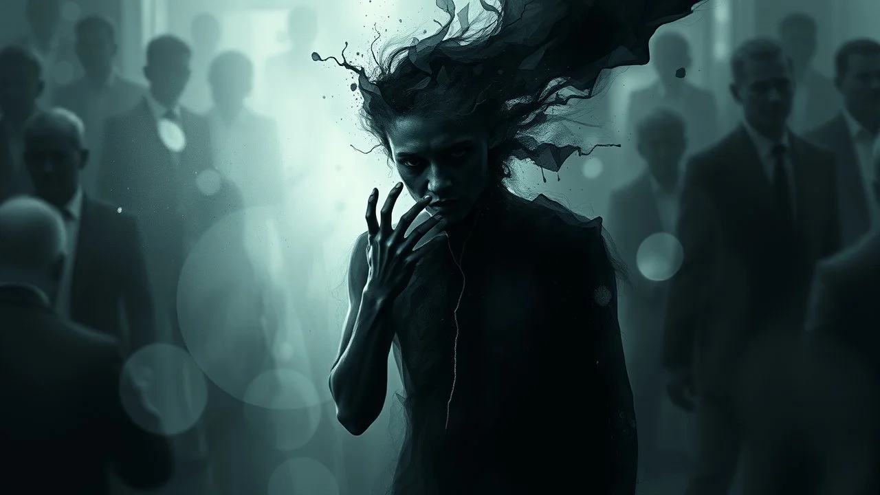 Abstract surreal scene of a human soul in conflict a caracter dissolving into shadows and fog, body torn into shards of light and darkness. Shapes twist and melt like oil paint, forming ghostly hands and distorted faces emerging from the fog. The background is a blur of noise, chaotic patterns and faceless crowds, symbolizing the indifferent outside world. A haunting, dreamlike composition that captures isolation, inner demons, struggle of anxiety. surreal, atmospheric