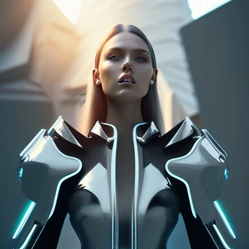 A handsome woman standing in front of a church, futuristic design, a paradise in background, close-up face, geometric armor, female face, 3d unreal engine, black face, close up armor, church detail