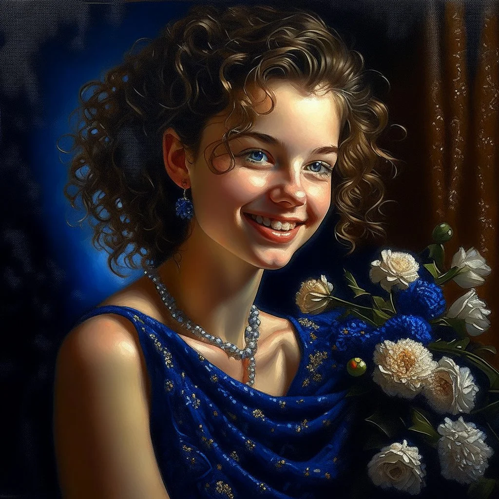 sweet, very fashionable girl, beautiful 20 years old, midnight blue beaded dress, pearl, flowers, light curls, curls, slicked back hair, sweet smile, olive bright eyes, perfect proportions, perfect face, perfect anatomy, perfect hands, sophisticated, backlight , atmospheric, oil painting, pastel pencil, volumetric hyperrealism, over-detailed, photorealistic, professional photography, high quality, clear focus playground