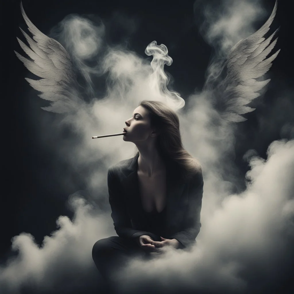 woman sitting forward Her face upward and blows cigarette smoke from their mouth upward. a figure with wings emerging from its back. behind the clouds of smoke look death. dark and mysterious