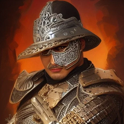 portrait,"Insanely detailed photograph of an armored mariachi warrior with sword", intricate chainmail charo,detailed Sombrero, intricate D20 buttons, digital painting, artstation, concept art, smooth, sharp focus, illustration, art by artgerm and greg rutkowski and alphonse mucha, 8 k