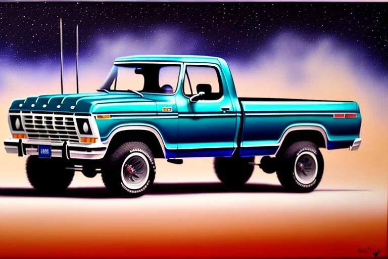 a true-to-life 1978 ford f-150 truck, centered, intricate, extreme detailed, photorealism, center view, suburb background, pivot on ford, pen and color marker, painting by cheryl kelley