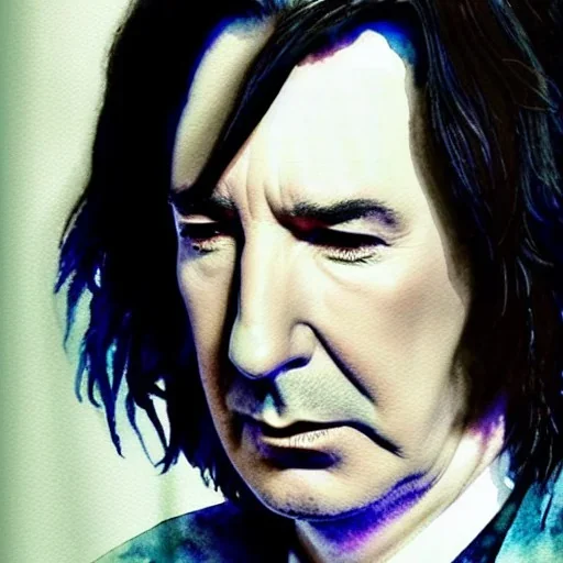 high-quality, fine-detail close-up watercolor of Alan Rickman as Severus Snape, portrait, young, stunning, beautiful, 8k resolution, intricate, digital art, hyper realistic, photorealistic, volumetric lighting, Rafael Augusto, Juan Francisco Casas, Anne Dittman, Anne Stokes, greg rutowski,