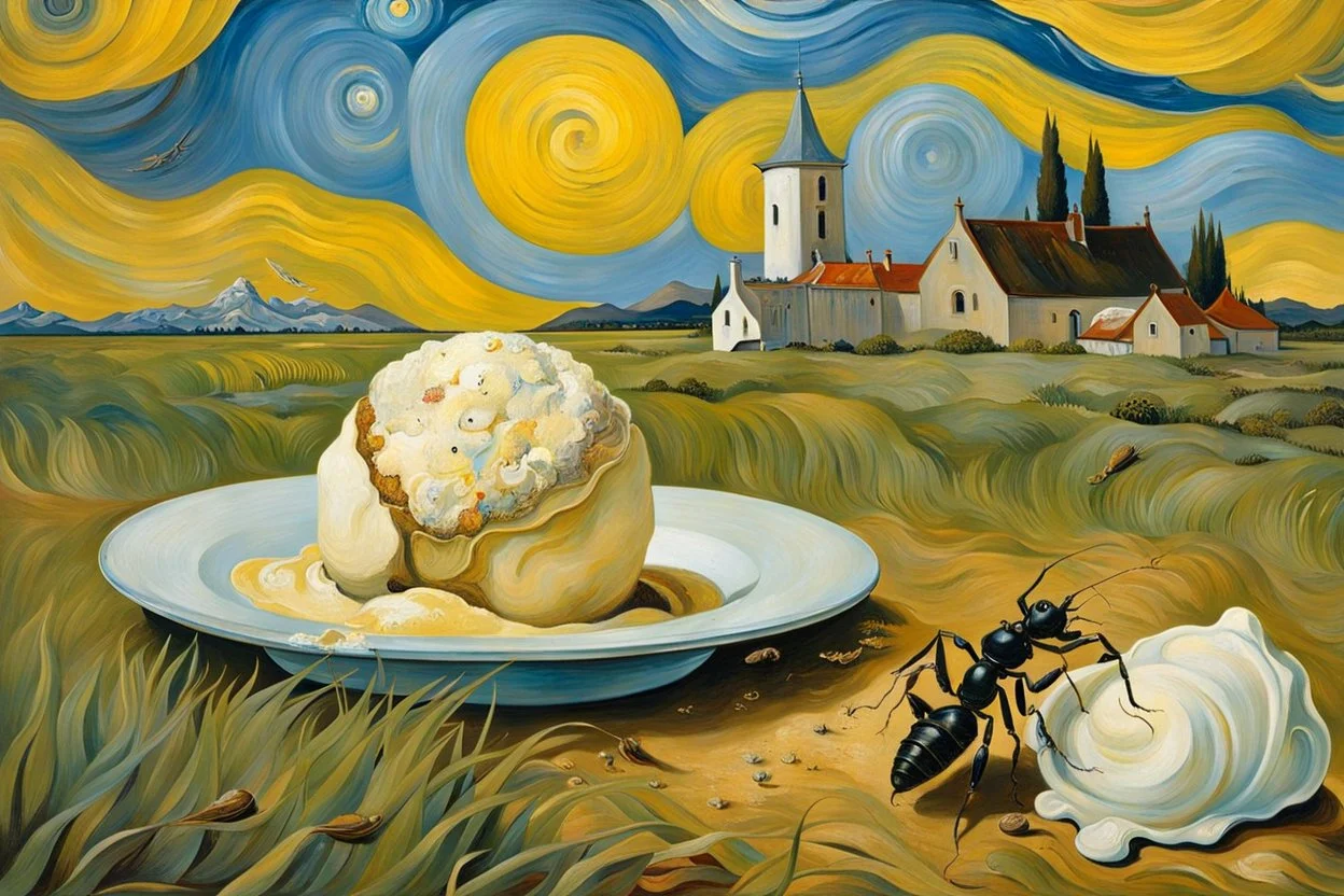 painting from lies down in the grass a Fallen Ice-cream, the dropped ice cream melting, ants crawling on ice cream , whimschical, detalied painting by Van Gogh and dali, high detailed, sharp focuses, masterpiece