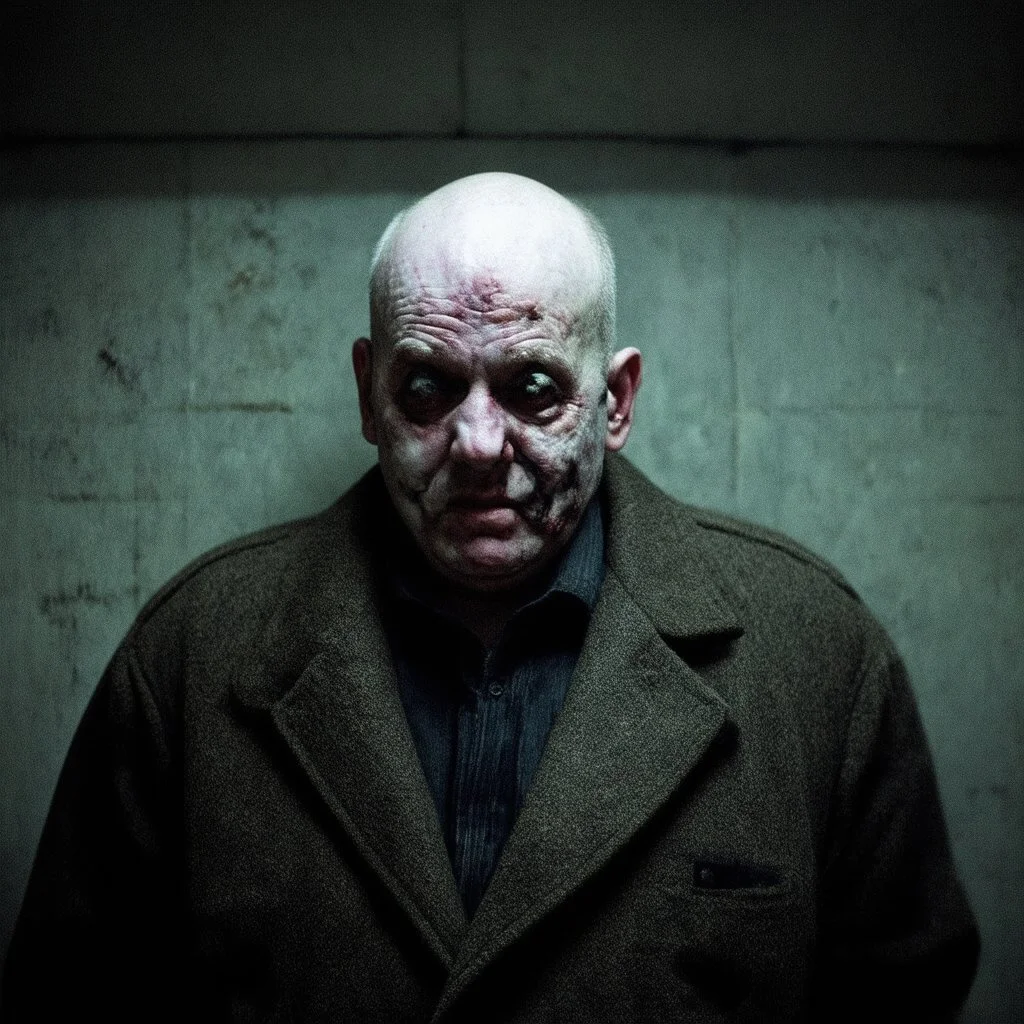 very grainy discolored photo, portrait, dark sewer with no light, grunge, 2000s Russia, punk, outcast, rough, confident, bald older male wearing a coat, extremely pale skin, large flesh bulbs grow out of his face and covering a lot of it, face is disproportionally deformed, hunchback, sewer dweller