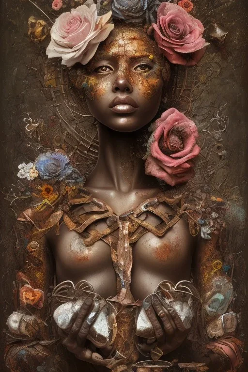 an abstract painting of rusted metal and flowers, heart filled with love African slave lady working so hard, rust, scaffolding, iron cladding, decay, mixed media, textured, anatomically correct, beautiful perfect face, sharp focus, highly detailed