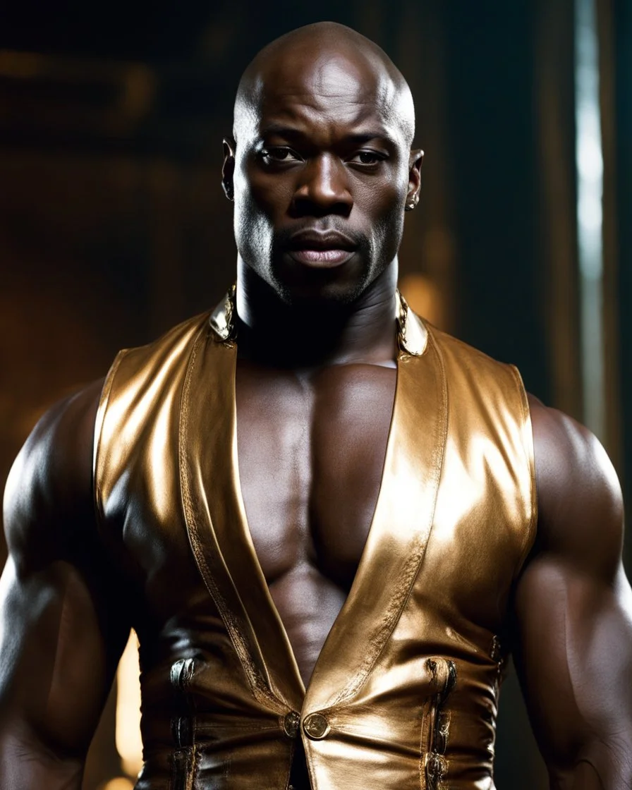 Adewale Akinnuoye-Agbaje x morris chesnut as a handsome dark skinned and muscular heavy set man with a bald head and neatly trimmed beard. he is wearing a leather waistcoat and no shirt. he has a gold earing in his left ear. he has a dominant expression on his face