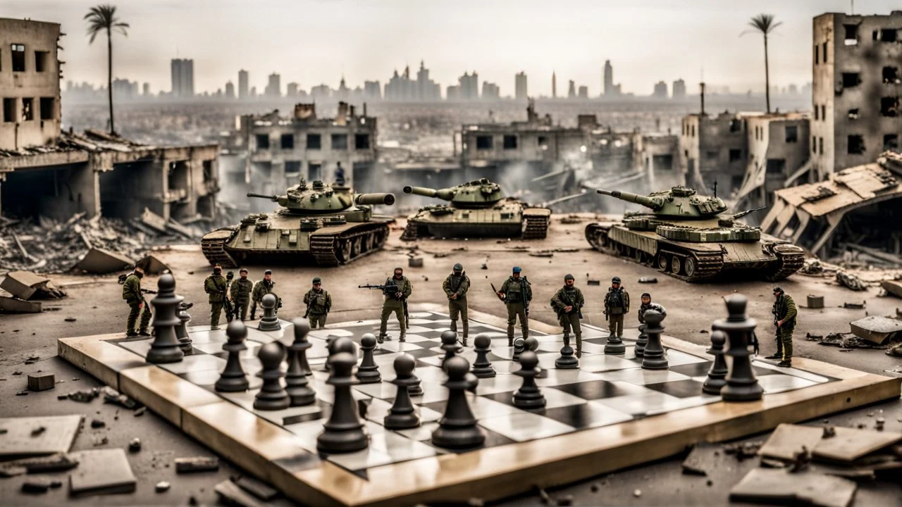 Israeli soldiers and tanks stand on a very large chessboard in the middle of a destroyed city