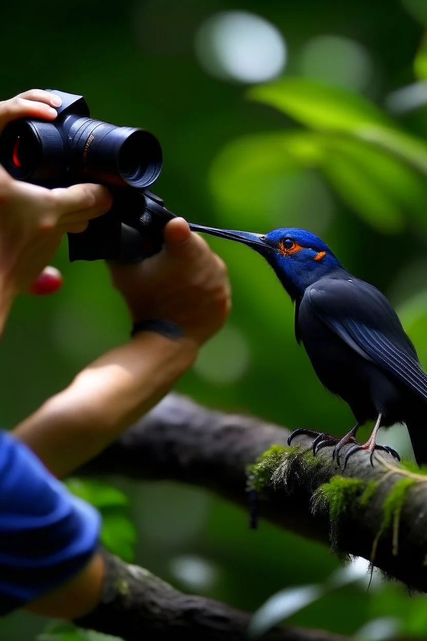 buatkan sebuah gambar seorang fotografer yang sedang memotret seekor burung yang sangat langka sedang hinggap di dahan pohon