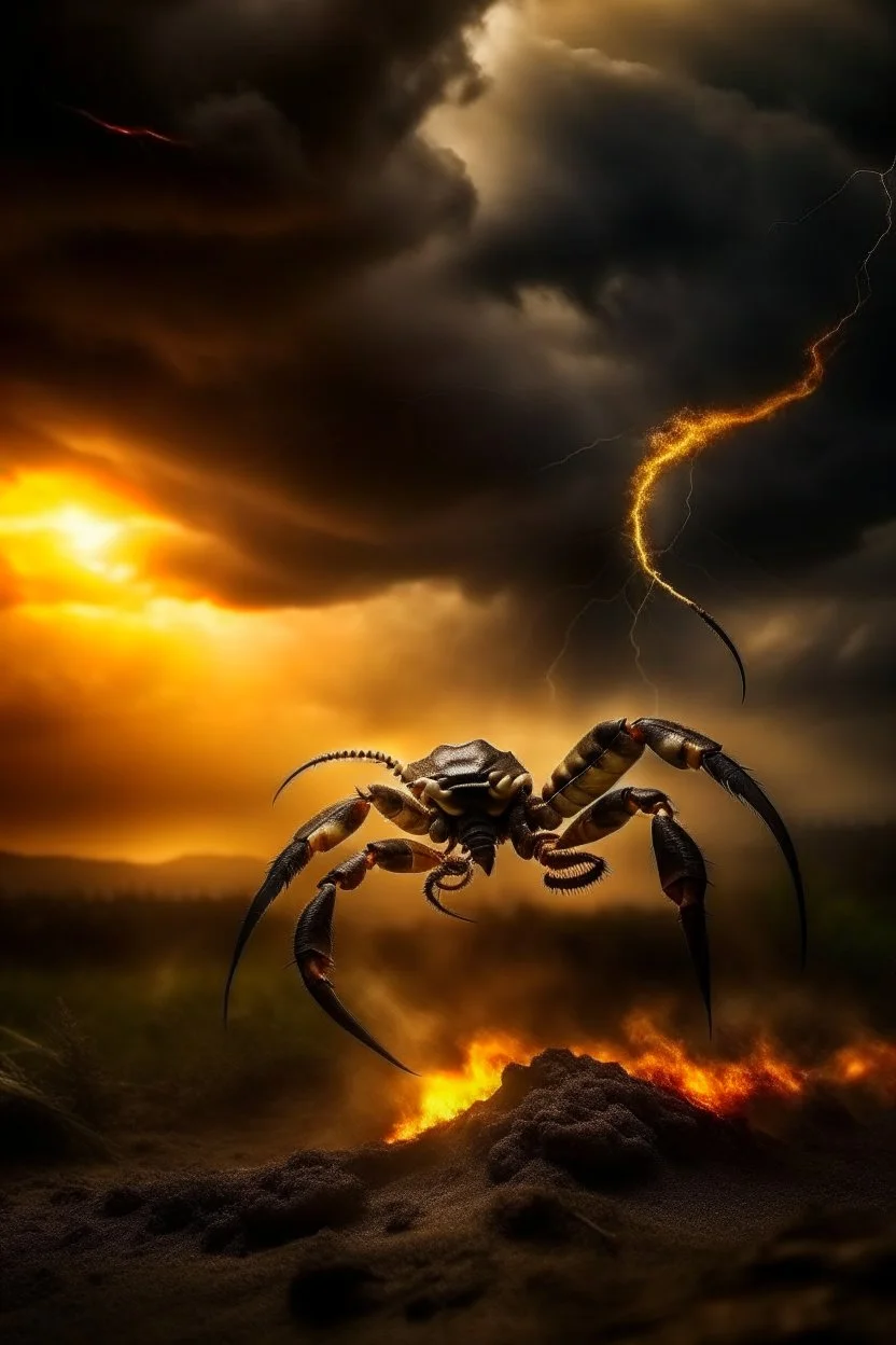 Scorpion surrounded by fire. Tail curled up behind his back ready to strike under a storming sky with lightening