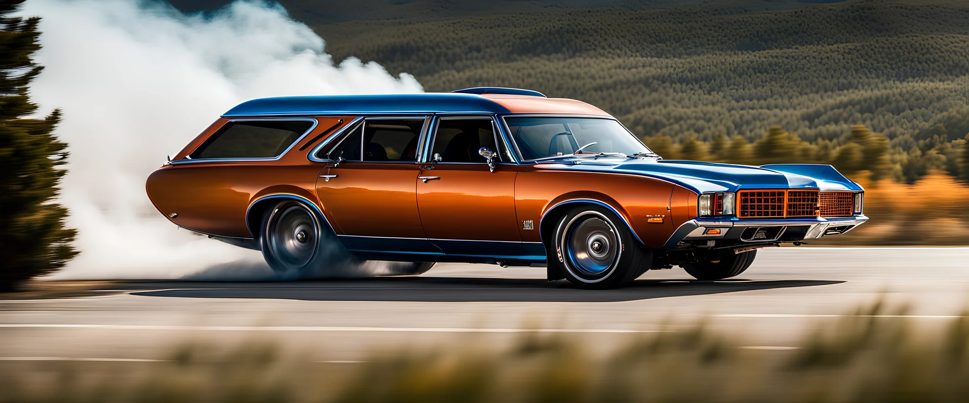 A national geographic award winning photograph of a military fighter jet station wagon elephant hybrid bilaterally symetrical designed by skunkworks, only one vehicle per image painted metallic orange traveling at a high rate of speed, jet intake off of front center of vehicle and jet exhaust out the rear with bright blue flame soviet retrofuturism, taken from drivers side front at a angle from up and to the rear