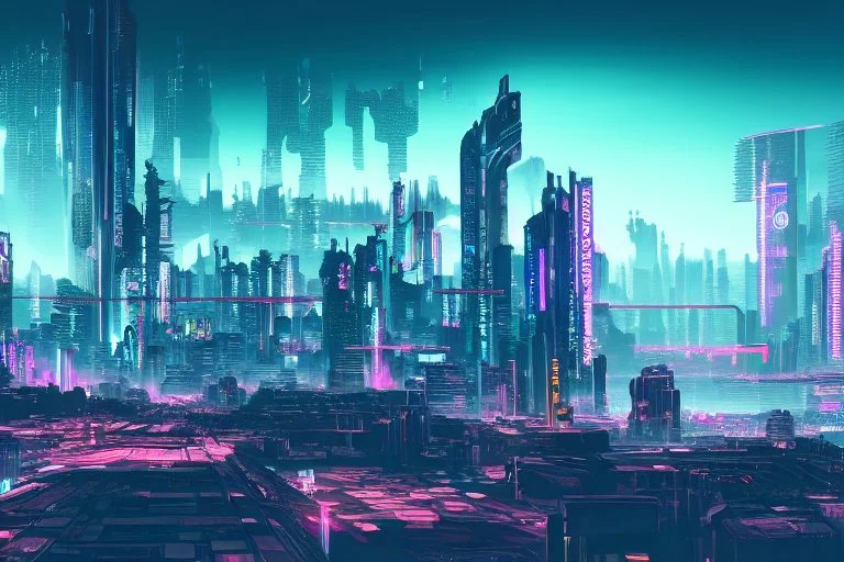 Cyberpunk city, mountains background, hyperdetailed, 4k