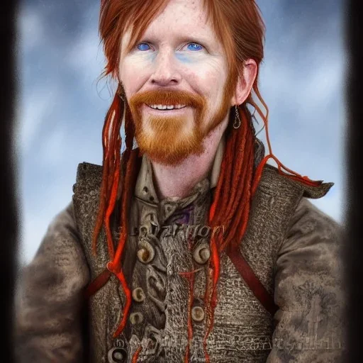 Portrait of Courtney Gains as a ruggedly handsome but joyful roguish pirate, charismatic, attractive male, masculine, perfect, precisely detailed, lightly freckled face, highly detailed clear blue eyes, meticulously detailed multi-hued ginger carrot colored cherry fire red hair; Malachai of the corn; fantasy, intricate, elegant, highly detailed, digital painting, artstation, concept art, matte, sharp focus, illustration, art by artgerm and greg rutkowski and alphonse mucha