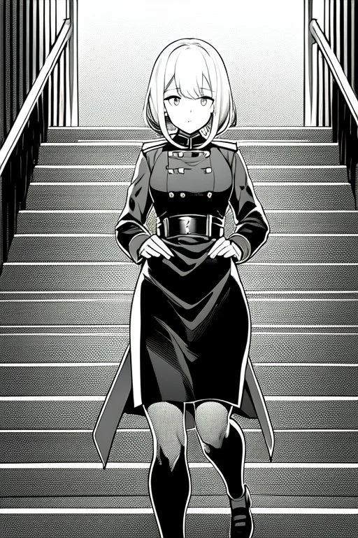military girl runs on the stairs, greyscale